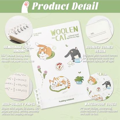 2 Pack Lined Spiral Journal Notebook with Loose Leaf Binder, Cute Cat Theme Spiral Notebook for Women, Office School Work & Note Taking, A5 (7.9"x 5.5") College Ruled Hardcover Notebook, 120 Pages (White-Cat A) - color: White-Cat A