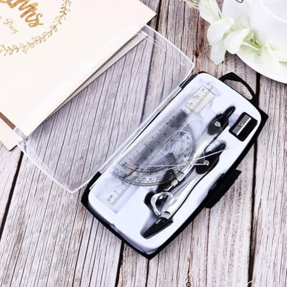 Happyyami Geometry Kit and Eraser Practical Design Sharpener 10pcs with Metal Compass, Triangle Ruler, Protractor, Pencil and Accurate Scale for Students and Engineers for Classroom