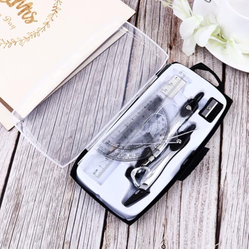 10 in 1 Metal Geometry Drawing Kit with 2 Compasses, Triangle and Straight Rulers, Protractor, Eraser, Sharpener, and Pencil for Students and Teachers, Practical Design
