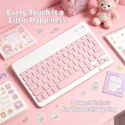 Mini Bluetooth Keyboard, Small Portable Wireless Rechargeable Keyboard with 7-Color RGB Backlit for iPad iPhone Android Samsung Tablet Smartphone((Pink) - color: Pink