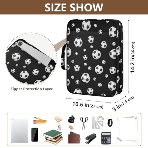 Heavy-Duty 3-Hole Ring System Binder Organizer Portfolio with 7-Pocket Expanding Section and Elastic Pen Loops Organizer for Corporate Boardrooms Black White Soccer Balls