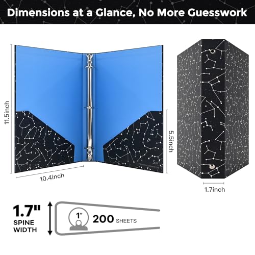 SUIN 1-inch 3-Ring-Binder with Pockets, Decorative 12 Zodiac Star Chain, 1" Stylish Round Ring Binder for Work/Home/Back to School,2-Pack
