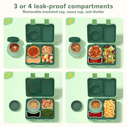 Bento Box for Kids, Leakproof Kids Bento Lunch Box Container with 8oz Insulated Thermo Food Jar, Sauce Jar, Utensil, DIY Stickers for School Boys Girls, 3-4 Compartments, BPA-Free - color: Light Green