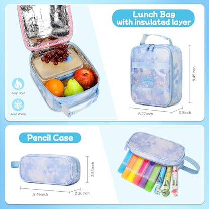 Jafeton Backpacks for Girls, Girls Backpack with Insulated Lunch Bag and Pencil Case for Kids Teens Elementary Middle High School Student, Cute Bow School Bag Travel Daypacks Book Bag Set - color: Blue