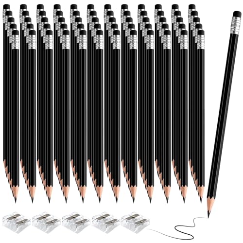 60 PCS Black Pencils Bulk with Eraser, Pre-Sharpened HB Pencils for Writing & Drawing, School Supplies for Kids Homework, Tests, Art Crafts & Teacher Grading (Black) - color: black