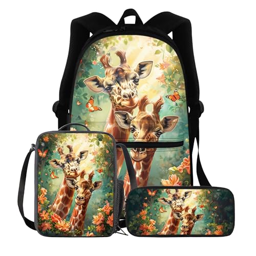 BIGCARJOB Animal Giraffe Backpack for School Kids Boys Large School Bags Set with Insulated Lunch Box Pencil Case Set of 3 Pcs Teens Girls Daypack Animal Print School Backpack Set - color: Animal Yellow Giraffe, size: One Size
