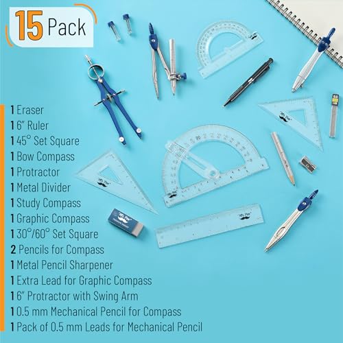 Mr. Pen- Geometry Set, 15 pcs, Navy Blue, 6 Inch Swing Arm Protractor | Divider, Set Squares, Ruler, Compasses and Protractor - color: Navy Blue
