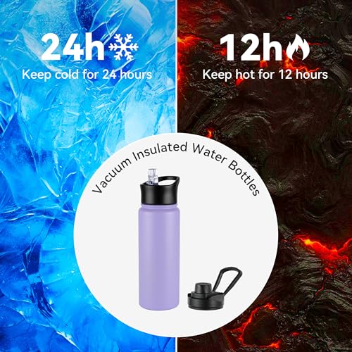 24oz Insulated Water Bottle with Straw Lid, Stainless Steel Metal Water Bottle with Straw & Wide Mouth Lid, Double Wall Vacuum Water Bottle for Hiking Camping, Lavender 1 Pack - color: Lavender, size: 24 Ounces
