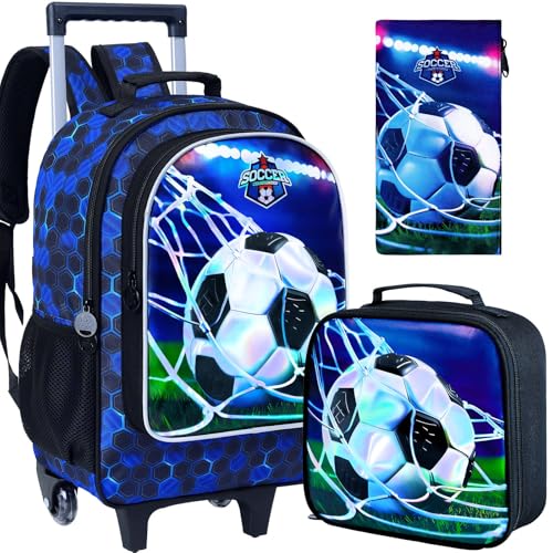 AGSDON 3PCS Rolling Backpack for Girls and Boys, Kids Roller Wheels Bookbag, Wheeled Elementary School Bag with Lunch Bag - color: Football Roller