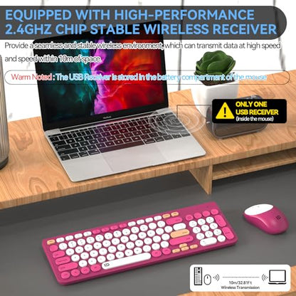 Wireless Keyboard and Mouse Combo, 2.4GHz Colorful Cute Round Keycaps Keyboard for Office Computer PC Desktops Laptop (96 Keys Rose Red) - color: 96 Keys Rose Red