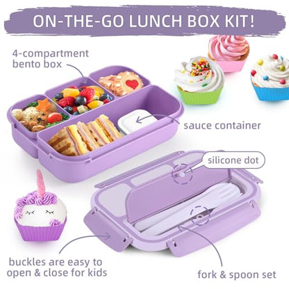 QQKO Bento Box Adult Lunch Box, Lunch Containers for Adults Men Women, Kids Lunch Boxes for School with 4 Compartments, Sauce Container, Utensils and Muffin Cups, Purple - color: Lavender