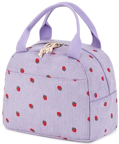 Bluboon Lunch Bag for Women Men Cute Corduroy Lunch Tote Bags Reusable Insulated Lunch Box Large Capacity Reusable Insulated Cooler for Work Picnic or Travel - color: Corduroy strawberry Purple, size: Medium (10L)