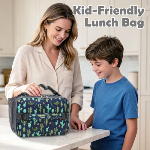 FlowFly Kids Lunch Bag, Durable Insulated School Lunch Box with Shoulder Strap and Bottle Holder, Water-resistant Thermal Small Lunch Cooler Tote for Teen Boys & Girls, Cactus - color: Cactus