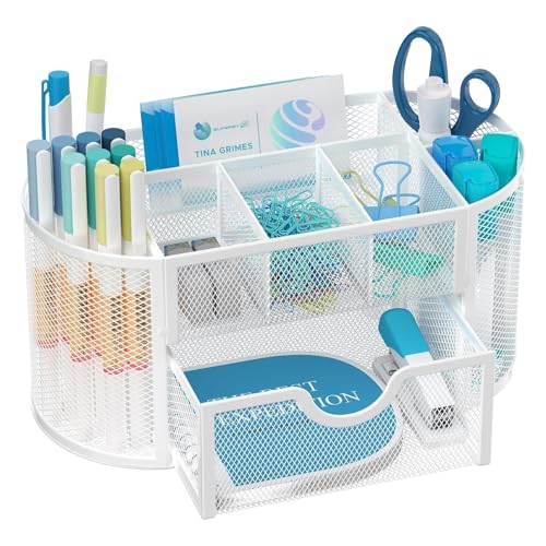 SUPEASY Mesh Desk Organizer, Desk Accessories & Workspace Organizers with Drawers, Pencil Holder for Desk with 9 Compartments for Office Supplies, School, Classroom, 8.6 x 4.3 x 4.1 Inch, White - color: White