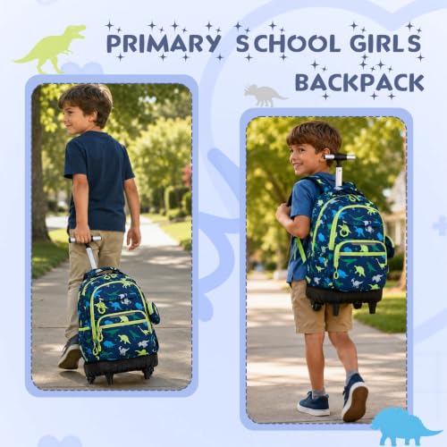 Rolling Backpack for Boys, 3PCS Roller School Backpacks for Boys with Lunch Bag and Pencil Pouch, Kids Bookbag School Bag with Wheels for Kindergarten Elementary Middle School Travel - color: Green Dinosaur