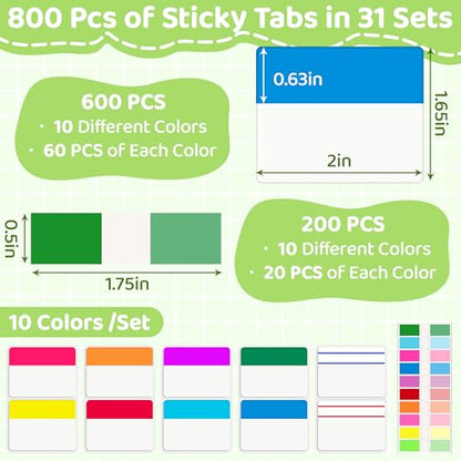 800 Pieces 2 Inch Sticky Index Tabs, 31 Sets 10 Colors, Writable Repositionable Page Tabs & File Tabs for Notebooks, 3 Ring Binders, Folders, Dividers and Filing