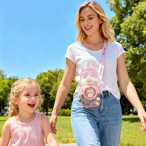 LEJN Kawaii Water Bottle with Adjustable Shoulder Strap Portable Leakproof BPA-free Cartoon Children Cup Capsule Bottle Traveling Hiking (Pink820ml) - color: Pink820ml