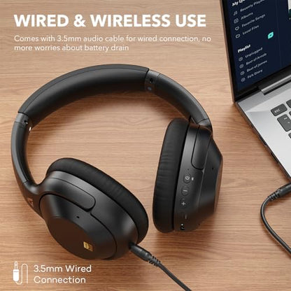 Bluetooth 6.0 Active Noise Cancelling Headphones for Airplane Travel, LDAC Hi-Res Audio, 90H Playtime Wired and Wireless ANC Headphones, Over Ear Headset for Home Office, Custom EQ via APP, Black - color: Black