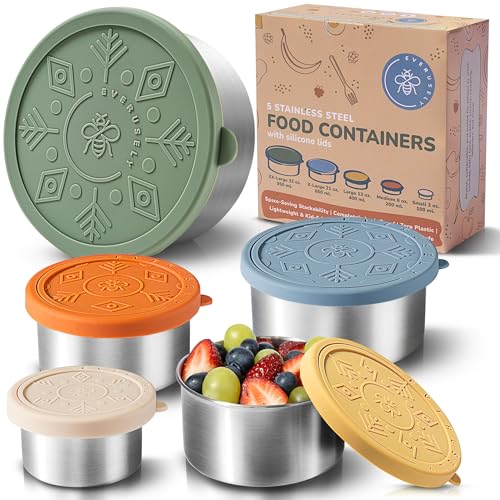 Stainless Steel Food Containers, Metal Lunch Boxes, Set of 5, Muted | Everusely lunch containers feature colorful lids and offer durable utility for snacks, meal prep, and food storage. - color: Muted