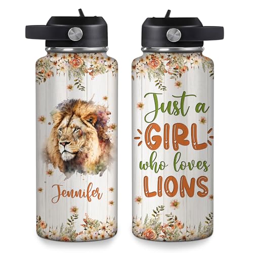 Hyturtle Personalized Lion Water Bottle - Custom Name Travel Insulated Stainless Steel Bottle with Leak-Proof Lid 18oz 32oz - Cute Animal Gift for Women, Girls, Lion Lovers - Birthday & Christmas Gift - color: Lion