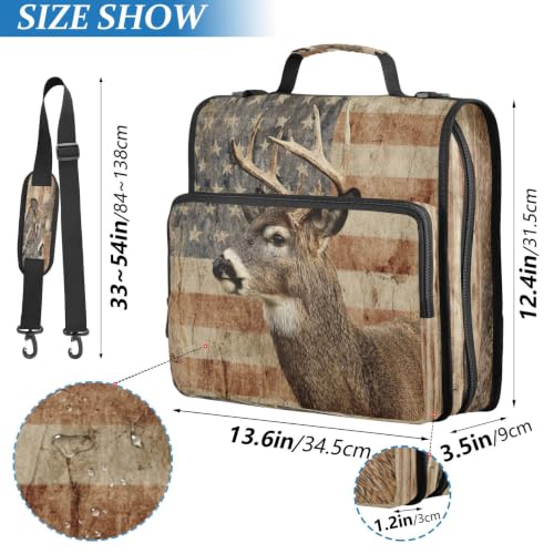 Rustic Deer USA Flag 3 D-Ring 2 inch Zipper Binder Bag with Shoulder Strap, Multi-Pocket Portfolio Organizer Case for 240 Inch Laptop Middle School