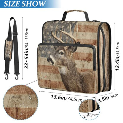 Rustic Deer USA Flag 3 D-Ring 2 inch Zipper Binder Bag with Shoulder Strap, Multi-Pocket Portfolio Organizer Case for 240 Inch Laptop Middle School