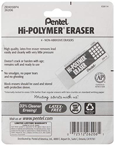 Pentel Hi-Polymer Block Eraser, Small | White | Pack of 8 | ZEH05BP4 - size: 4 Count (Pack of 2)