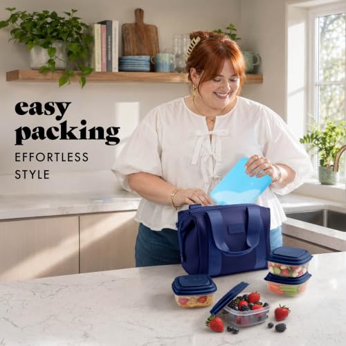 Fit & Fresh Remi Lunch Bag for Women Work – Neoprene Lunch Tote with Containers & Ice Pack, Reusable Meal Prep Lunch Box, Large Capacity, Machine Washable - color: Navy