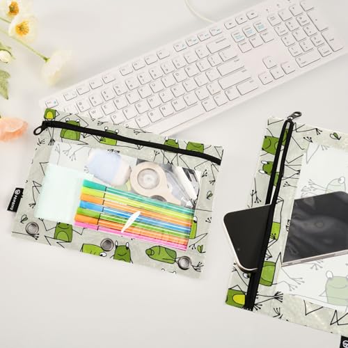 ZAZYXTJ Frog Binder Pencil Pouchs 3 Ring with Zipper Clear Window Office Organizers bag for School Students Teacher Supplies 2 Pack - color: Frog