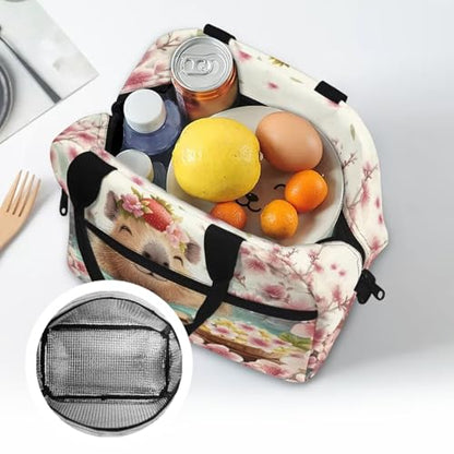 Capybara Lunch Box for Girls 8-10 Sakura One Piece Lunch Box for Boys 4-6 Preschool Meal Bag Kids 6-8 Kindergarten Toddler Children Elementary School Adjustable Shoulder Strap Portable - color: Sakura Capybara