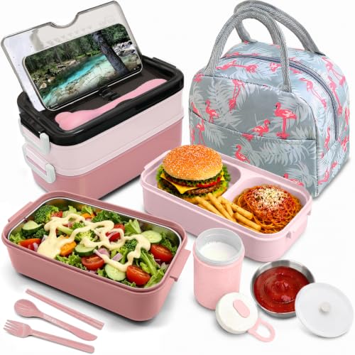 2-Tier Bento Lunch Box for Women & Adults with Insulated Lunch Bag | 50 OZ Large Capacity Bento Box with BPA-Free Utensils & Cup & Sauce Container, Leakproof, Microwave Safe for Work & Meal Prep - color: Pink