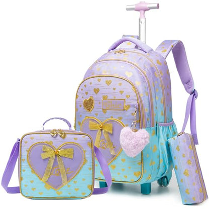 Backpack with Wheels for Girls 8-12 Rolling Backpack for Girls with Lunch Box Backpacks for Kids Cute Bowknot Travel Roller Wheeled Bookbag - color: Blue Purple