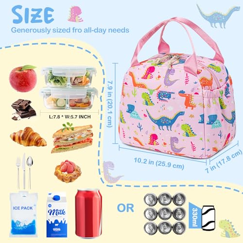 CAMTOP Girls Lunch Box Kids Insulated Lunch Bag Kids Cute Lunchbox for Girls Loncheras Para Niñas - color: Pink Dinosaur