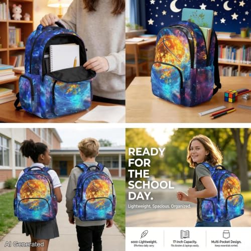 Cool Basketball Backpack for Boys Girls Kids Backpack with Lunch Box and Water Bottle Holder Large Pencil Case 4PCS Set Bookbag with Front Pocket for School Teens 17 inch School Bag Gifts - color: Cool Basketball