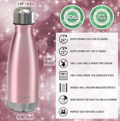 CHILLOUT LIFE 12oz Kids Insulated Stainless Steel Water Bottle, Leak Proof | Small Metal Water Bottle, Keeps Drinks Cold 24H & Hot 12H, Leak-Proof Screw Lid, Perfect for School, Travel & Sports - color: Rose Gold