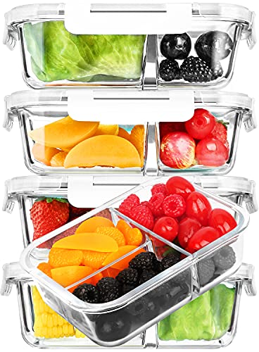 M MCIRCO [5-Pack,36 oz] Glass Meal Prep Containers 3 Compartment with Lids, Glass Lunch Containers,Food Prep Lunch Box,Bento Box, Microwave, Oven, Freezer, Dishwasher (4.5 Cups, White) - color: White