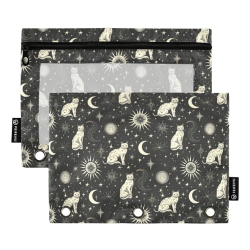 Binder Pencil Pouches, Celestial Cat Pencil Case with Clear Window 3 Rings Pen Case Holder Office Supplies - color: Celestial Cat