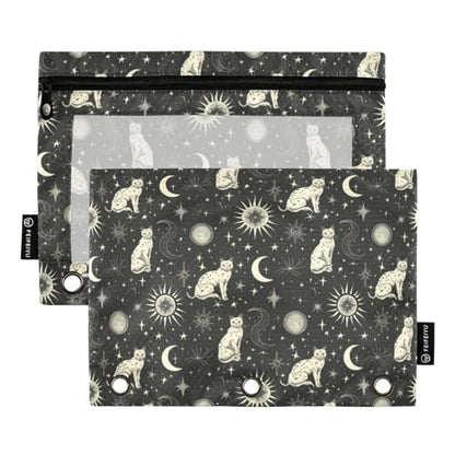 Binder Pencil Pouches, Celestial Cat Pencil Case with Clear Window 3 Rings Pen Case Holder Office Supplies - color: Celestial Cat