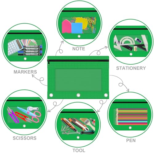Pencil Pouch for 3 Ring Binder, 2 Pack Pencil Bags with Zipper, Green Pencil Case for Classroom School Office Supplies, Large Sturdy and Durable Cloth Pencil Pocket for 3 Holder Binder - color: Green