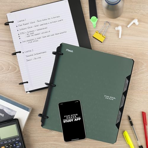 Five Star Flex Refillable Notebook + Study App, College Ruled Paper and 1 Inch TechLock Ring Binder with Pockets, Tabs and Dividers, 200 Sheet Capacity, Seaglass Green (293280AQ8) - color: Green, size: 1 Count (Pack of 1)