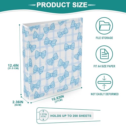 Cute Bows Grid Checkered Blue Bow Binder 3 Ring 1.5 Inch Binder with Clipboard&Pockets, Hardcover Binders Heavy Duty Large File Folder for Office School Supplies - Holds 200 Sheets - color: Grid Checkered Blue Bow, size: 1 Pack-12.4x10.63in