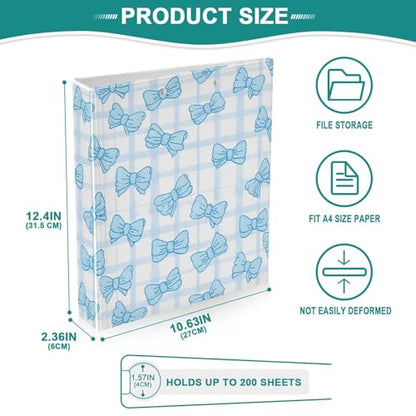 Cute Bows Grid Checkered Blue Bow Binder 3 Ring 1.5 Inch Binder with Clipboard&Pockets, Hardcover Binders Heavy Duty Large File Folder for Office School Supplies - Holds 200 Sheets - color: Grid Checkered Blue Bow, size: 1 Pack-12.4x10.63in