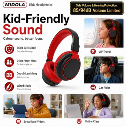 MIDOLA Kids Bluetooth Headphones 68H Play Time,Volume Limit 85/94dB, Foldable Lightweight Wireless Over-Ear Headphone for Toddler Kid Child Pad,Headsets with Aux Built-in Mic Black - color: Black
