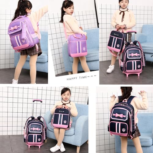 Rolling Backpack for Girls Cute Trolley Bags Primary School Bookbags with Wheels Kids Carry-On Wheeled Backpack with Lunch Bag - color: Girl Purple 6 Wheels, style: 6 Wheels Trolley + Backpack Sets