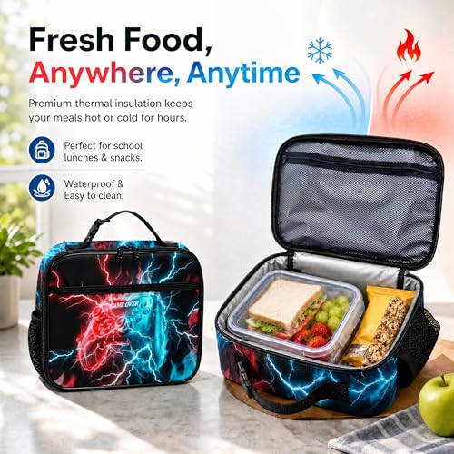 Game Backpack Set for Boys Kids, Gaming Kids Boys Backpack with Lunch Box, Pencil Bag and Coin Purse. Game School Bag 17" (Blue&Red) - color: Blue&red-2
