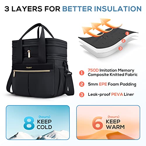 TOURIT Insulated Lunch Box Bag, Double Deck Leakproof Cooler Tote for Work Office Picnic, Expandable Lunch Container, Black - color: Black