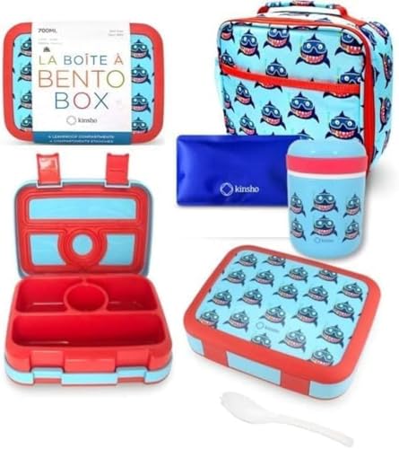 Bento Lunch Box with Thermo Set for Small Kids Boys, 4 Divided Compartment Bento-Box, Insulated Lunch Bag, Stainless Steel Food Jar, Ice Pack, Spork, BPA Free, Cute Baby Blue Shark - color: Shark Set