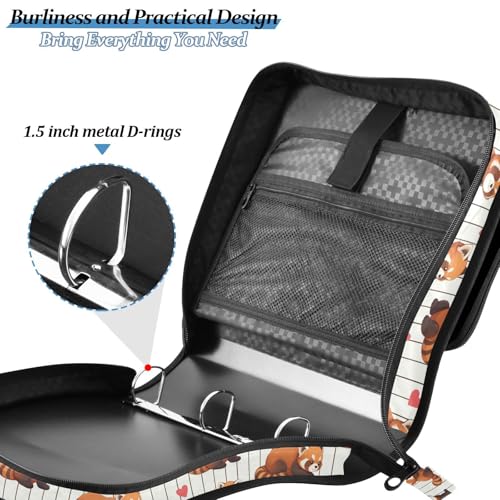 Red Panda Heart Pattern Zipper Binder 3 Ring with Handle and Shoulder Strap, 500 Sheet Binder Organizer Capacity & Multi-Pockets for School Office
