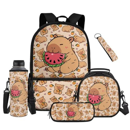 Cute Capybara School Backpack Set for Kids 5 Pieces with Lunch Bag Pencil Case and Bottle Carrier Large Capacity Backpack for Elementary and Middle School - color: Cute Capybara-b