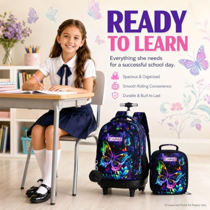HPJGD 3PCS Rolling Backpack for Girls, Womens Butterfly School Backpacks with Wheels, Water Resistant Roller Kids Wheeled Bookbag Set with Lunch Box - color: Black Butterfly Rolling Set